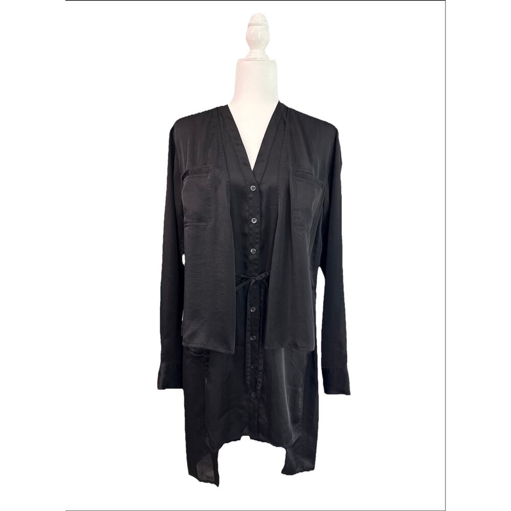 Max Azria Button Front Shirt Dress Womens XS Black Satin V-Neck Knee Length